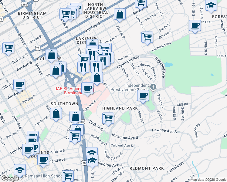 map of restaurants, bars, coffee shops, grocery stores, and more near 2808 10th Court South in Birmingham