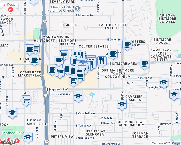 map of restaurants, bars, coffee shops, grocery stores, and more near 2101 East Camelback Road in Phoenix