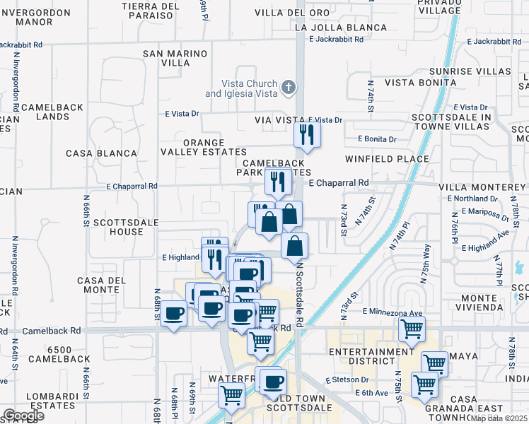 map of restaurants, bars, coffee shops, grocery stores, and more near 4900 North Scottsdale Road in Scottsdale