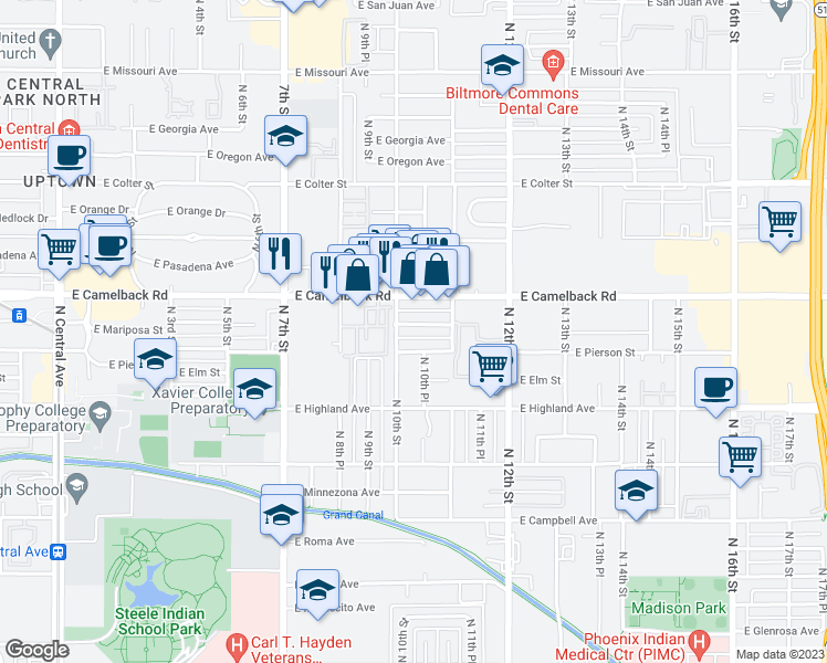 map of restaurants, bars, coffee shops, grocery stores, and more near 1002 East Mariposa Street in Phoenix