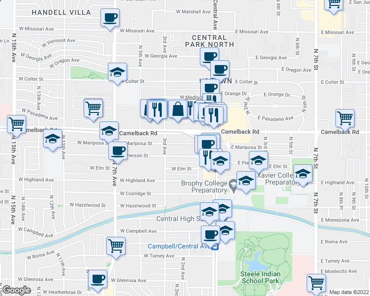 map of restaurants, bars, coffee shops, grocery stores, and more near 22 West Mariposa Street in Phoenix