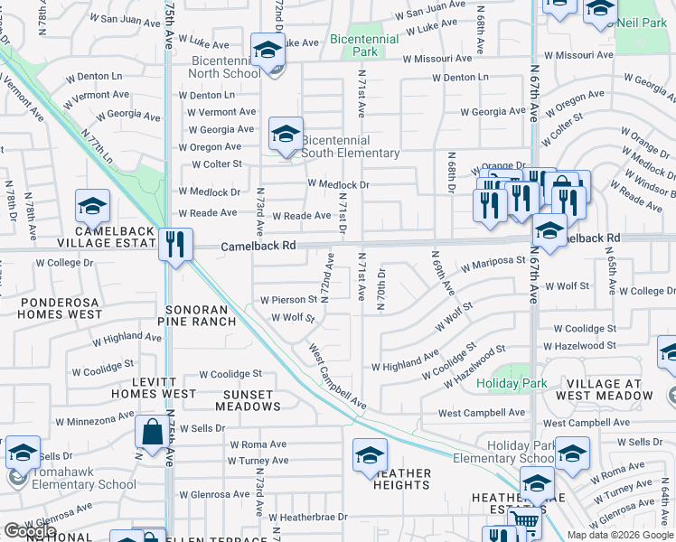 map of restaurants, bars, coffee shops, grocery stores, and more near 7110 West Mariposa Drive in Phoenix