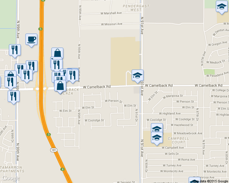 map of restaurants, bars, coffee shops, grocery stores, and more near 4843 North 92nd Drive in Phoenix