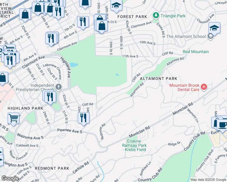 map of restaurants, bars, coffee shops, grocery stores, and more near 3853 12th Court South in Birmingham