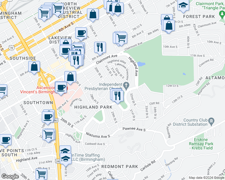 map of restaurants, bars, coffee shops, grocery stores, and more near 1100 31st Street South in Birmingham