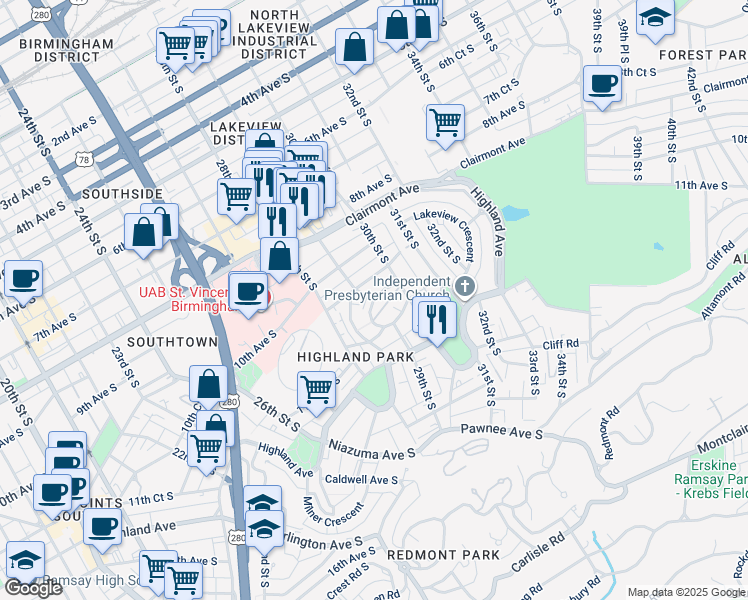 map of restaurants, bars, coffee shops, grocery stores, and more near 2901 10th Court South in Birmingham