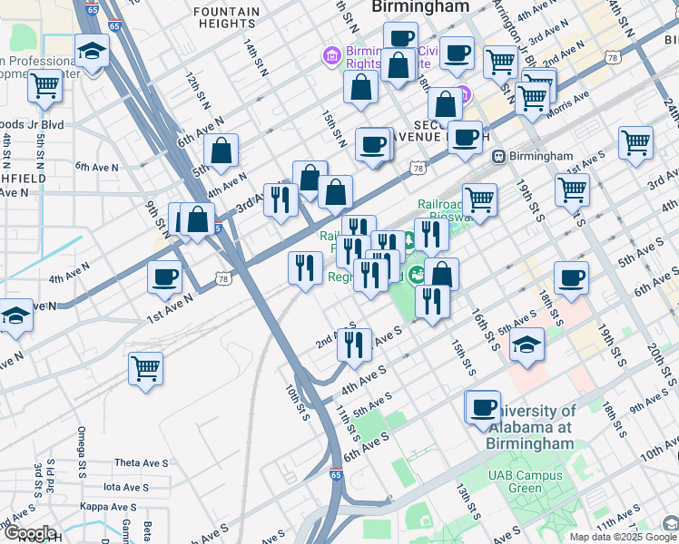map of restaurants, bars, coffee shops, grocery stores, and more near 1300 Powell Avenue South in Birmingham