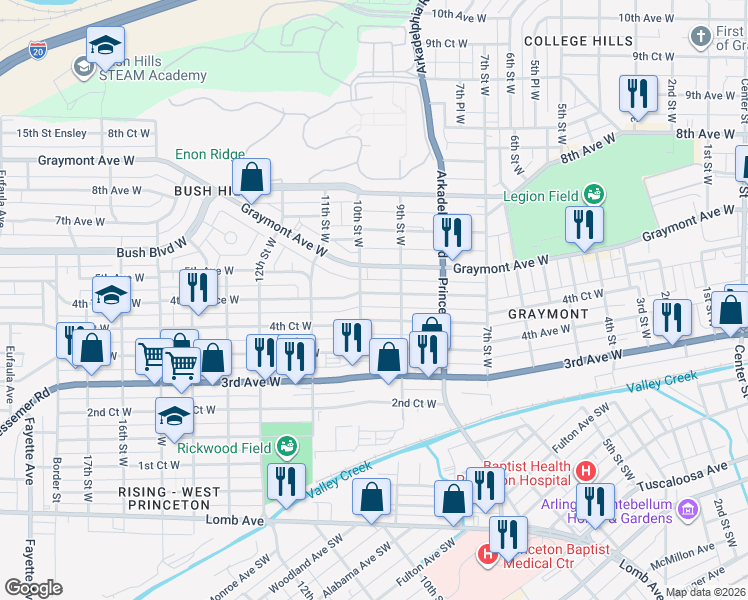 map of restaurants, bars, coffee shops, grocery stores, and more near 908 4th Terrace West in Birmingham