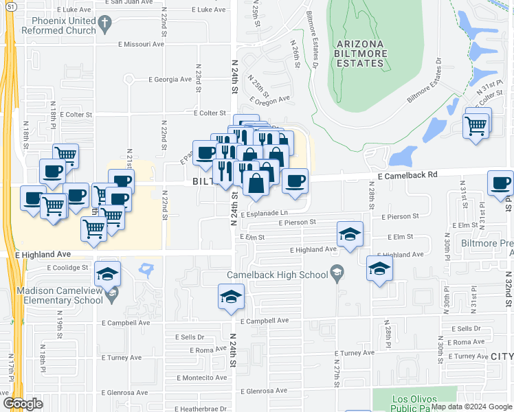 map of restaurants, bars, coffee shops, grocery stores, and more near 2415 East Camelback Road in Phoenix