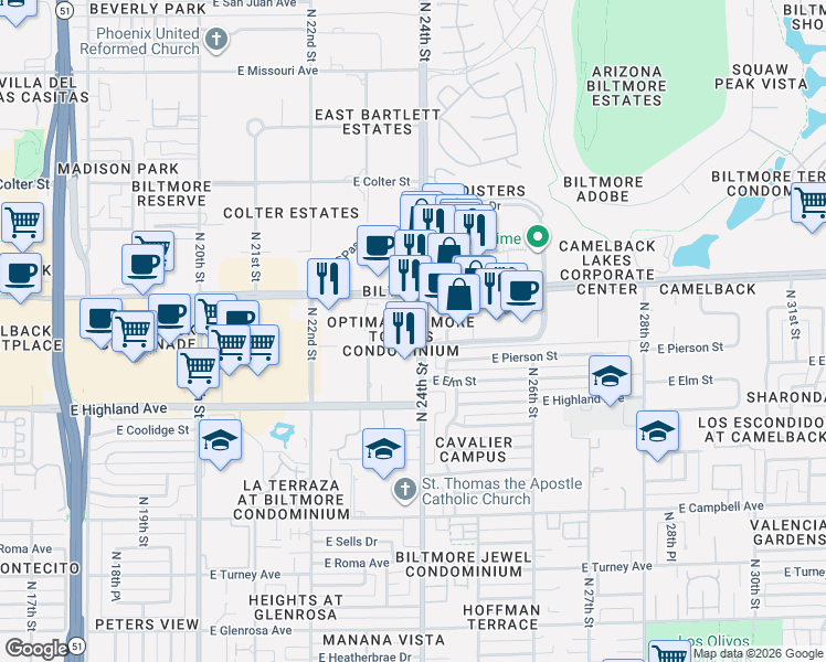 map of restaurants, bars, coffee shops, grocery stores, and more near in Phoenix
