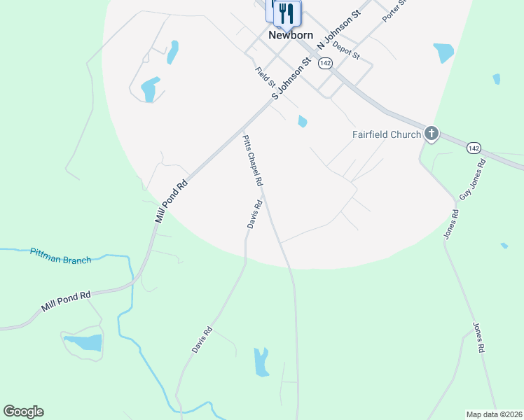 map of restaurants, bars, coffee shops, grocery stores, and more near 100 Davis Road in Newborn