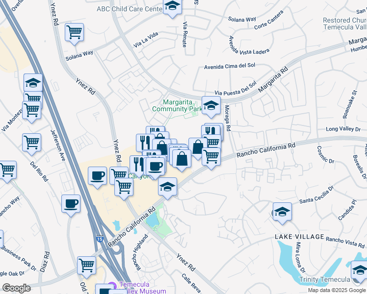 map of restaurants, bars, coffee shops, grocery stores, and more near 42140 Lyndie Lane in Temecula