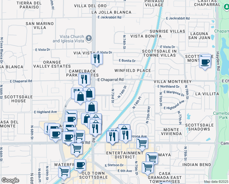 map of restaurants, bars, coffee shops, grocery stores, and more near 4917 North 73rd Street in Scottsdale