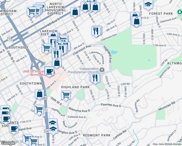 map of restaurants, bars, coffee shops, grocery stores, and more near 1100 31st Street South in Birmingham