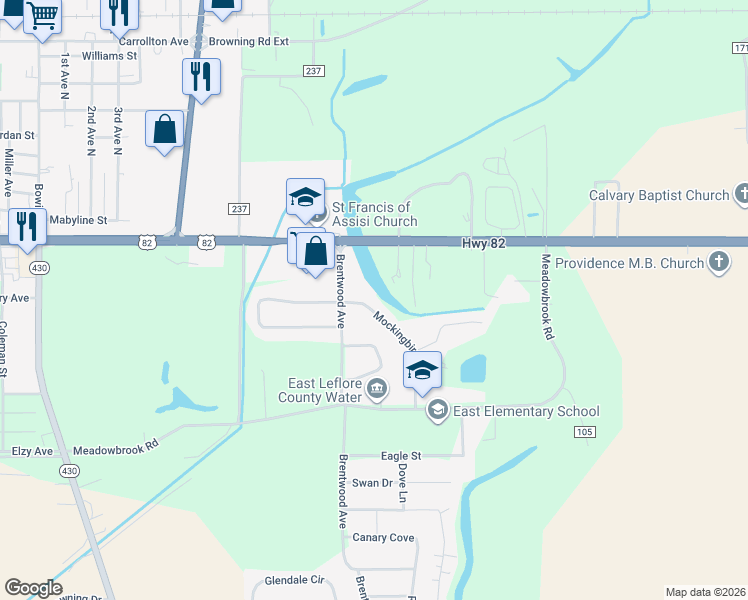 map of restaurants, bars, coffee shops, grocery stores, and more near 517 Brentwood Avenue in Greenwood