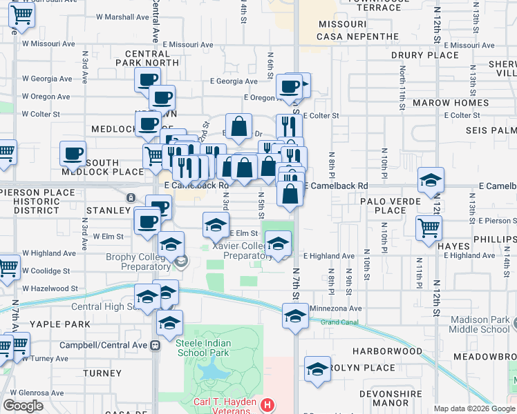 map of restaurants, bars, coffee shops, grocery stores, and more near 326 East Mariposa Street in Phoenix