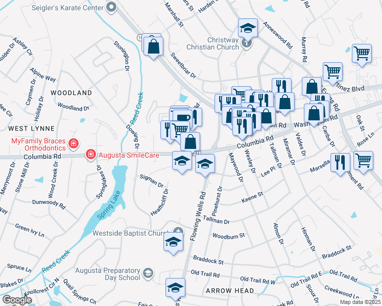 map of restaurants, bars, coffee shops, grocery stores, and more near 4115 Columbia Road in Martinez