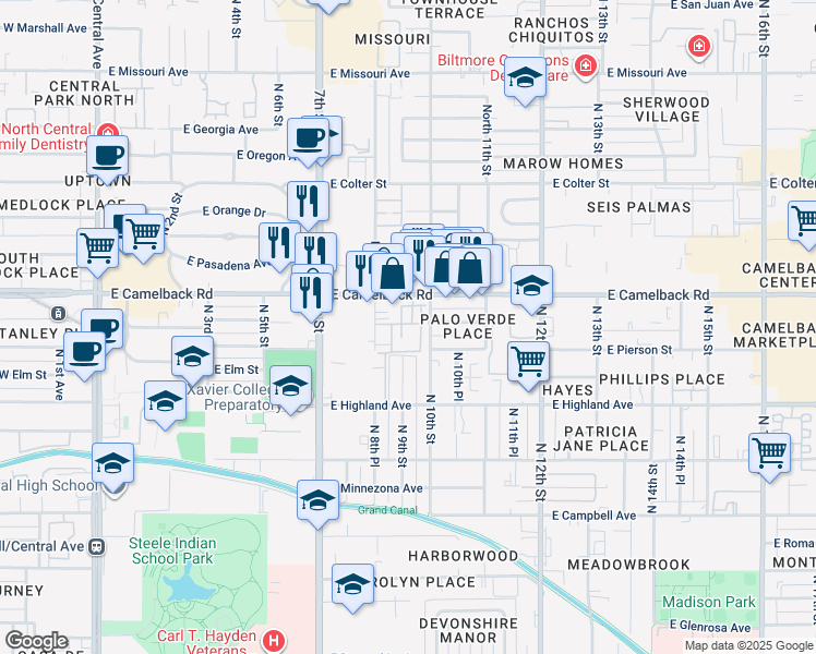 map of restaurants, bars, coffee shops, grocery stores, and more near 839 East Camelback Road in Phoenix