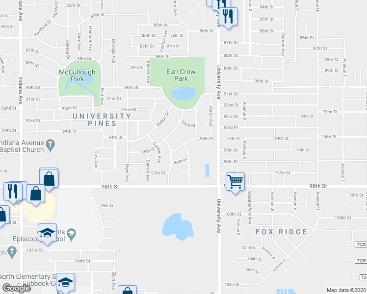 map of restaurants, bars, coffee shops, grocery stores, and more near 2713 94th Street in Lubbock