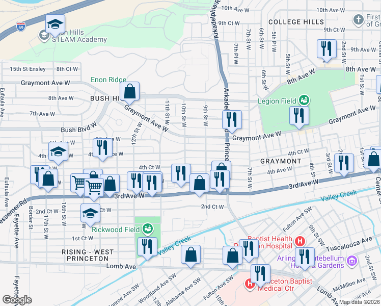 map of restaurants, bars, coffee shops, grocery stores, and more near 908 4th Terrace West in Birmingham
