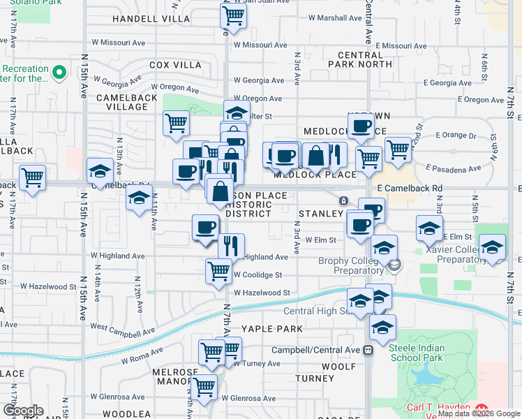 map of restaurants, bars, coffee shops, grocery stores, and more near 316 West Mariposa Street in Phoenix