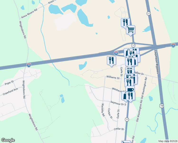 map of restaurants, bars, coffee shops, grocery stores, and more near Carl Sanders Highway in Thomson