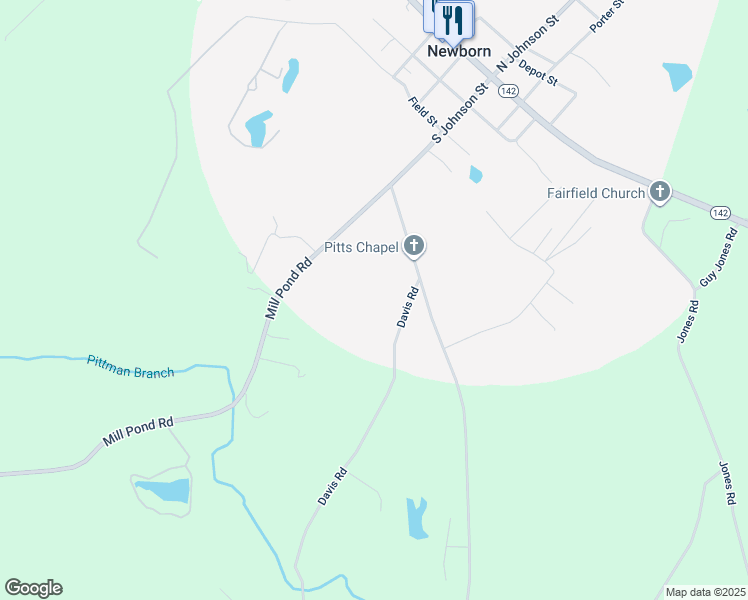 map of restaurants, bars, coffee shops, grocery stores, and more near 108 Davis Road in Newborn