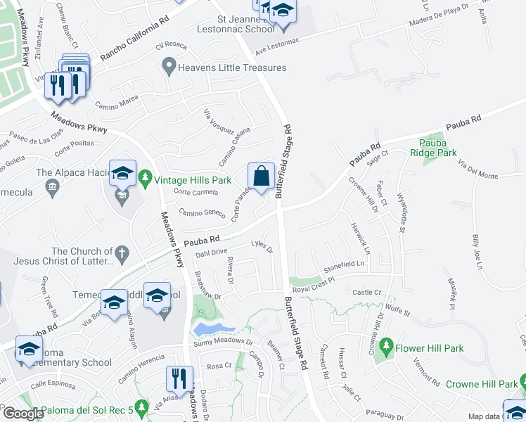 map of restaurants, bars, coffee shops, grocery stores, and more near 42360 Camino Merano in Temecula