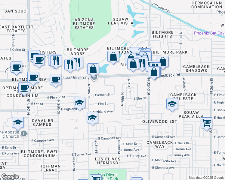 map of restaurants, bars, coffee shops, grocery stores, and more near 2917 East Mariposa Street in Phoenix