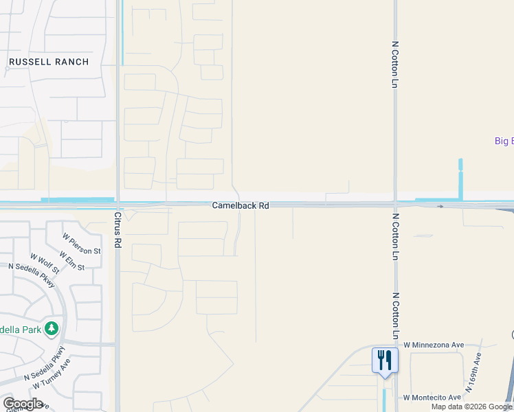 map of restaurants, bars, coffee shops, grocery stores, and more near 17491 West Camelback Road in Goodyear