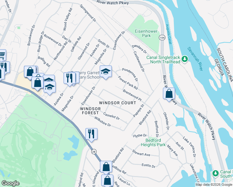 map of restaurants, bars, coffee shops, grocery stores, and more near 2427 Persimmon Road in Augusta