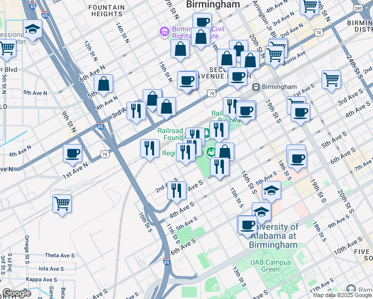 map of restaurants, bars, coffee shops, grocery stores, and more near 22 14th Street South in Birmingham