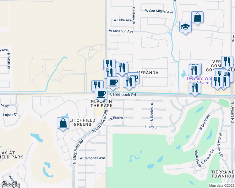 map of restaurants, bars, coffee shops, grocery stores, and more near 13813 West Camelback Road in Litchfield Park