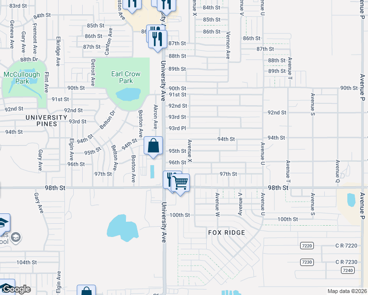 map of restaurants, bars, coffee shops, grocery stores, and more near 2325 94th Street in Lubbock
