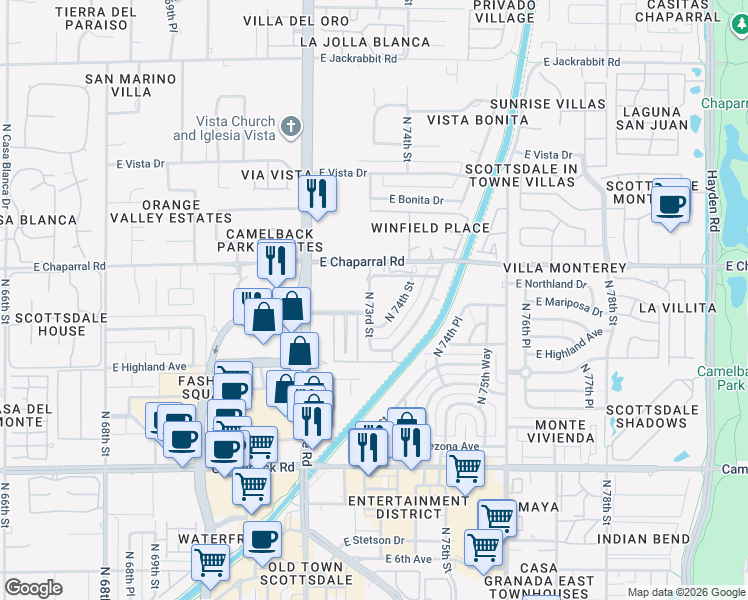 map of restaurants, bars, coffee shops, grocery stores, and more near 7319 East Northland Drive in Scottsdale