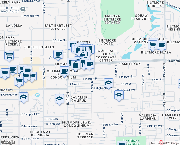 map of restaurants, bars, coffee shops, grocery stores, and more near 2575 East Camelback Road in Phoenix