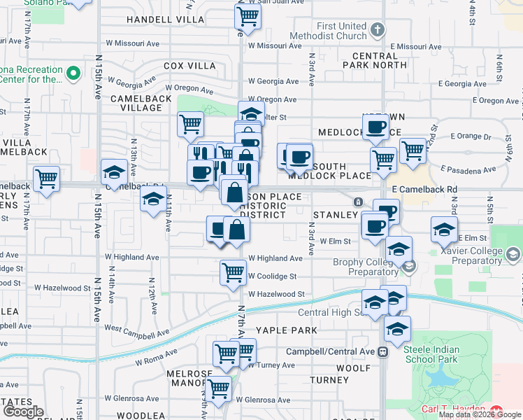 map of restaurants, bars, coffee shops, grocery stores, and more near in Phoenix