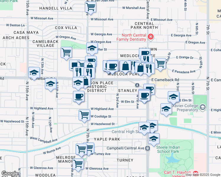 map of restaurants, bars, coffee shops, grocery stores, and more near 309 West Mariposa Street in Phoenix