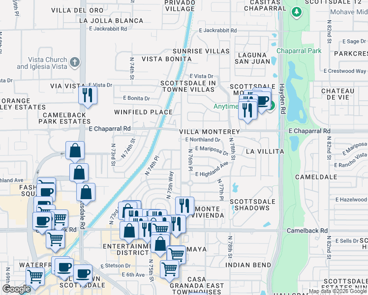 map of restaurants, bars, coffee shops, grocery stores, and more near 7631 East Northland Drive in Scottsdale