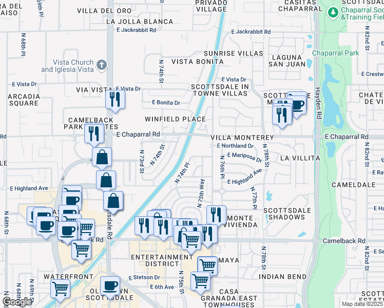 map of restaurants, bars, coffee shops, grocery stores, and more near 7502 East Mariposa Drive in Scottsdale
