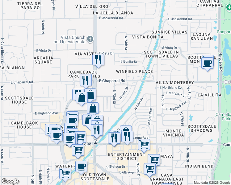 map of restaurants, bars, coffee shops, grocery stores, and more near 7319 East Northland Drive in Scottsdale