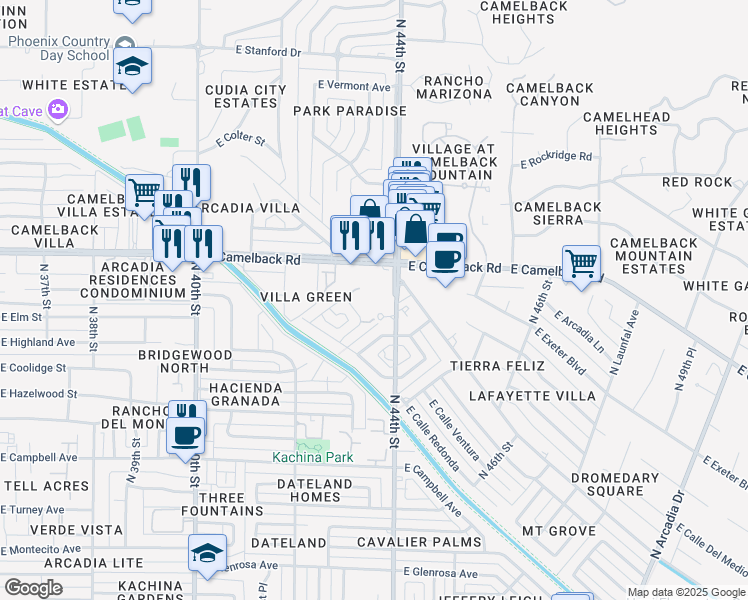 map of restaurants, bars, coffee shops, grocery stores, and more near 4916 North 44th Street in Phoenix