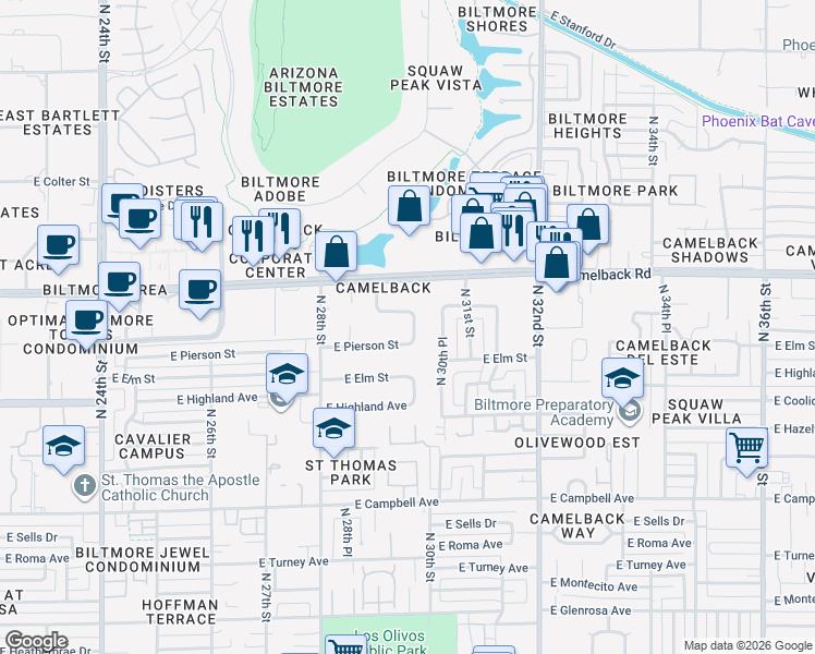 map of restaurants, bars, coffee shops, grocery stores, and more near 2917 East Mariposa Street in Phoenix