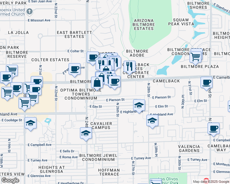 map of restaurants, bars, coffee shops, grocery stores, and more near 2575 East Camelback Road in Phoenix