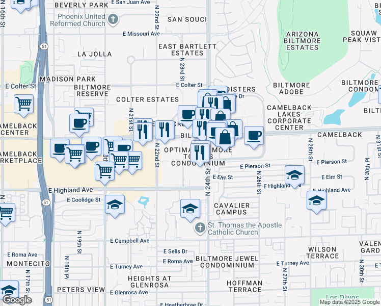 map of restaurants, bars, coffee shops, grocery stores, and more near 2325 East Camelback Road in Phoenix