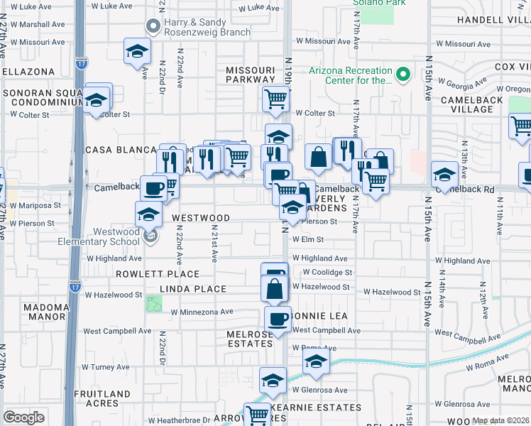 map of restaurants, bars, coffee shops, grocery stores, and more near in Phoenix