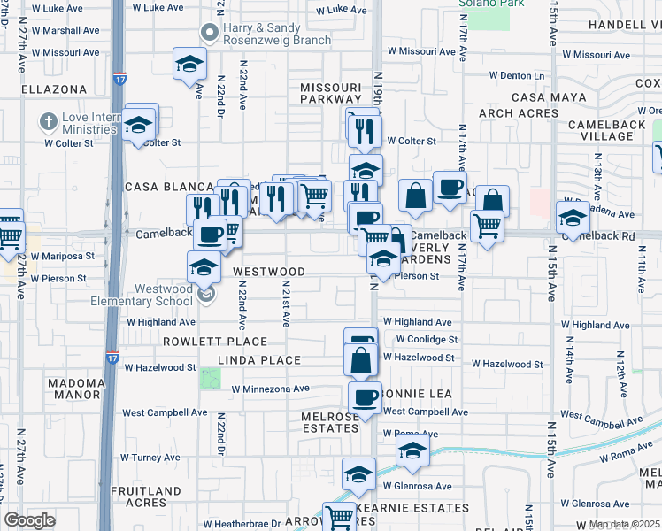 map of restaurants, bars, coffee shops, grocery stores, and more near 2001 West Camelback Road in Phoenix