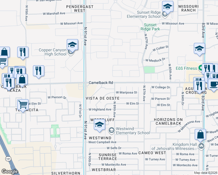 map of restaurants, bars, coffee shops, grocery stores, and more near 4829 North 89th Avenue in Phoenix
