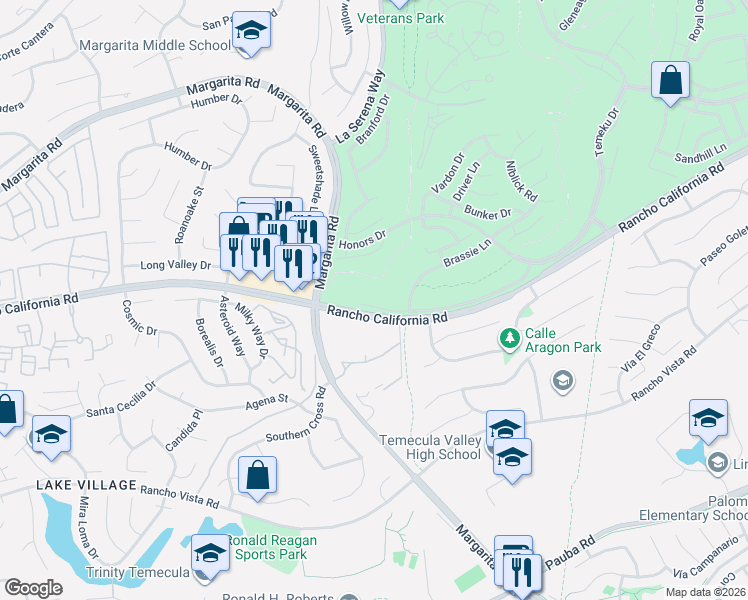 map of restaurants, bars, coffee shops, grocery stores, and more near 30818 Crystalaire Drive in Temecula