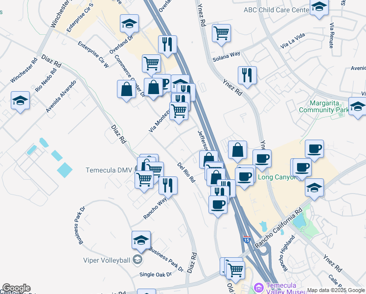 map of restaurants, bars, coffee shops, grocery stores, and more near 28715 Las Haciendas Street in Temecula